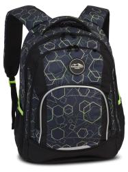 Schwarzer Rucksack mit geometrischem Muster in Blau und Grün. Mehrere Fächer und gepolsterte Träger.