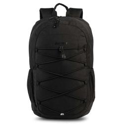 Schwarzer Rucksack mit zwei Schulterriemen. Front mit elastischem Gummizug.