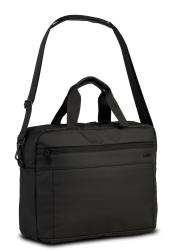 Schwarze Laptoptasche mit zwei Tragegriffen und einem abnehmbaren Schultergurt. Eine vordere Reißverschlusstasche ist sichtbar.