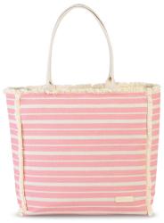 Große Tasche mit rosa und weißen Streifen. Fransenrand und zwei Tragehenkel.