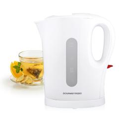Weißer Wasserkocher mit einem transparenten Sichtfenster. Neben dem Wasserkocher steht eine Tasse mit Tee und frischen Zutaten.