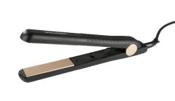 Haarglätter in Schwarz mit goldenen Platten. Ergonomischer Griff und Kabelanschluss.