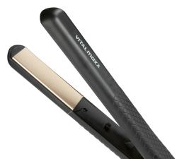 Haarglätter in Schwarz mit goldenen Platten. Ergonomischer Griff und Kabelanschluss.