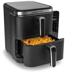 Schwarze Heißluftfritteuse mit zwei Fächern. Digitale Steuerung mit Temperaturanzeigen.