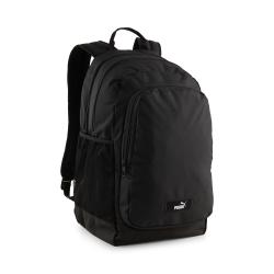 schwarzer Rucksack mit zwei Reissverschlusstaschen. Seitentasche aus Netzmaterial.
