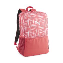 Rosa Rucksack mit geometrischem Muster und weißem Puma-Logo. Er hat eine große Haupttasche und eine kleine Seitentasche.