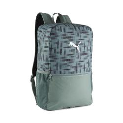 Grüner Rucksack mit geometrischem Muster. Logo von Puma in Weiß auf der Vorderseite.