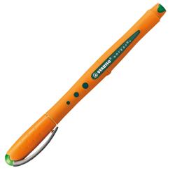 Oranger Stift mit grünem Deckel. Der Stift hat eine breite Spitze und eine ergonomische Form.