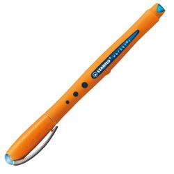 orangefarbener Stift mit abnehmbarem Deckel. Gummierte Oberfläche für besseren Halt. Spitze ist blau.
