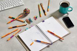orangefarbener Stift mit blauer Kappe. Der Stift hat eine feine Spitze und ist für präzises Schreiben geeignet.