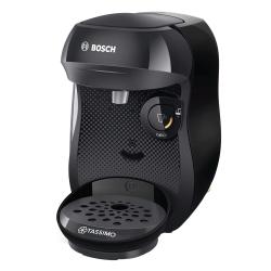 Schwarze Kaffeemaschine von Bosch. Modell Tassimo mit einem Bedienknopf und einer Abtropfschale.