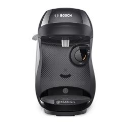 Schwarze Kaffeemaschine von Bosch. Modell Tassimo mit einem Bedienknopf und einer Abtropfschale.