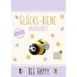 Buchcover mit einer Glücks-Biene aus buntem Material. Titel: Bee Happy, handgefertigt.