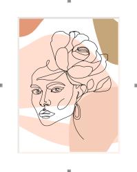 Linienzeichnung eines Gesichts mit einer großen Blume im Haar. Sanfte Farben: Rosa, Beige und Weiß. Minimalistischer Stil.
