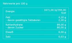 Nährwerttabelle für 100 g eines Lebensmittels. Enthält Angaben zu Energie, Fett, Kohlenhydraten, Eiweiß und Salz.