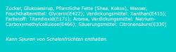 Zutatenliste für ein Lebensmittelprodukt. Enthält Zucker, pflanzliche Fette und Verdickungsmittel.