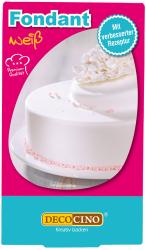 Weißer Fondant für Kuchen. Verpackung in pink mit einem dekorierten Kuchenbild.