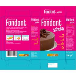 Verpackung von Fondant in Schokoladengeschmack. Rosa und blaue Farben, mit einer Torte auf der Vorderseite.