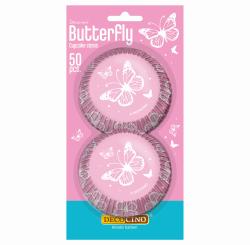50 rosa Cupcake-Förmchen mit Schmetterlingsmotiv. Verpackung in pink mit weißen Schmetterlingen.