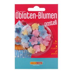 Verpackung mit essbaren Blüten in Pastellfarben. Blütenformen in Gelb, Blau und Pink.
