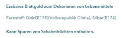 Verpackung mit essbarem Blattgold. Enthält zwei Blätter für Dekoration von Pralinen und Desserts.