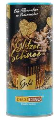 Runde Dose mit goldener Schrift. Inhalt ist eine glitzernde Dekoration für Backwaren.