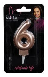 Zahlenkerze in Form der Zahl 6. Farbe: bronze. Verpackung mit schwarzem Hintergrund. Text: 'celebrate life'.