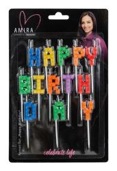 Kerzen-Set mit bunten Buchstaben. Beschriftung: Happy Birthday.