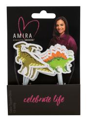 Packung mit 12 Dinosaurier-Kuchensteckern. Bunte Designs: zwei Dinosaurier und ein Stegosaurus. Hintergrund zeigt eine lächelnde Frau.