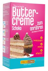 Verpackung für Schokoladen-Buttercreme. Rosa Hintergrund. Hinweise: mit Butter und Wasser anrühren. Fondanttauglich, vielseitig, gelingsicher.