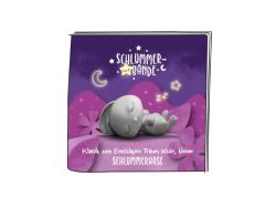Ein graues Kuscheltier, das schlafend dargestellt ist. Im Hintergrund ein Buchcover mit dem Titel 'Schlummerbande'.