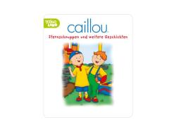 Figur eines Jungen mit gelbem T-Shirt und blauer Shorts. Hält einen grünen Stern in der Hand. Im Hintergrund ein Buchcover mit dem Titel 'Caillou: Sternschnuppen und weitere Geschichten'.