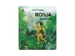 Figur eines Jungen mit lockigem Haar in brauner Kleidung. Neben ihm ein Buchcover mit dem Titel 'Ronja Räubertochter'.