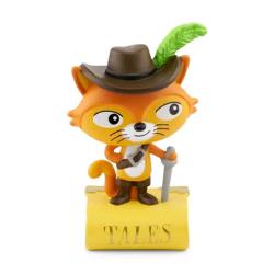 Figur eines katzenartigen Charakters mit Hut und Feder. Hintergrund zeigt eine bunte Landschaft.