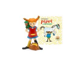 Figur von Pippi Langstrumpf mit Zöpfen und einem Affen. Rotes Kleid, blaue Bluse, gelbe Tasche. Hintergrund: Buchcover mit Titel 'Pippi Langstrumpf' und Illustrationen.