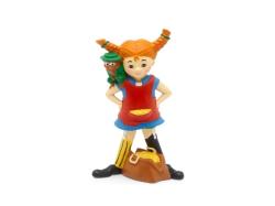 Figur von Pippi Langstrumpf mit Zöpfen und einem Affen. Rotes Kleid, blaue Bluse, gelbe Tasche. Hintergrund: Buchcover mit Titel 'Pippi Langstrumpf' und Illustrationen.