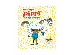 Figur von Pippi Langstrumpf mit Zöpfen und einem Affen. Rotes Kleid, blaue Bluse, gelbe Tasche. Hintergrund: Buchcover mit Titel 'Pippi Langstrumpf' und Illustrationen.