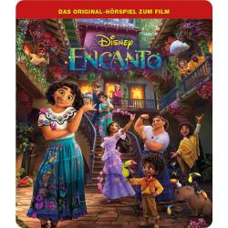 Figur einer Frau mit lockigem Haar und buntem Rock. Im Hintergrund ein Cover von Disney Encanto.