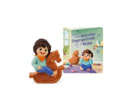 Figur eines Kindes auf einem Holzpferd. Dazu ein Buch mit dem Titel 'Unsere besten Knierider, Fingerspielelieder und Reime'.