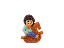 Figur eines Kindes auf einem Holzpferd. Dazu ein Buch mit dem Titel 'Unsere besten Knierider, Fingerspielelieder und Reime'.