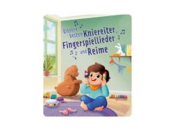 Figur eines Kindes auf einem Holzpferd. Dazu ein Buch mit dem Titel 'Unsere besten Knierider, Fingerspielelieder und Reime'.
