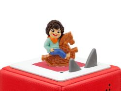 Figur eines Kindes auf einem Holzpferd. Dazu ein Buch mit dem Titel 'Unsere besten Knierider, Fingerspielelieder und Reime'.