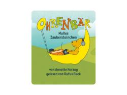 Figur eines Bären in einer gelben Banane. Dazu ein Buchcover mit dem Titel 'Ohrenbär - Mulles Zaubersteinchen'.