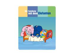 Blauer Gummielefant, liegend. Neben einem bunten Buchcover. Titel: 'Die Sendung mit dem Elefanten'.