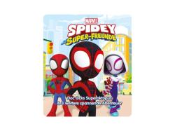 Figur von Spider-Man in schwarzem und rotem Anzug, sitzt auf einem grauen Felsen. Im Hintergrund ein Buchcover mit dem Titel 'Marvel Spidey Super-Freunde'.