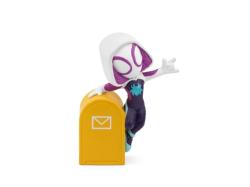 Figur mit weißer Kapuze und lila Akzenten. Steht neben einem gelben Briefkasten. Im Hintergrund ein Buchcover mit dem Titel 'Marvel Spidey Super-Freunde'.
