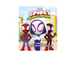 Figur mit weißer Kapuze und lila Akzenten. Steht neben einem gelben Briefkasten. Im Hintergrund ein Buchcover mit dem Titel 'Marvel Spidey Super-Freunde'.