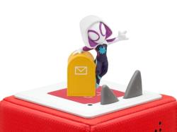 Figur mit weißer Kapuze und lila Akzenten. Steht neben einem gelben Briefkasten. Im Hintergrund ein Buchcover mit dem Titel 'Marvel Spidey Super-Freunde'.