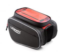 Schwarze Fahrradtasche mit rotem oberen Teil. Sie hat ein durchsichtiges Fenster und einen Reißverschluss.