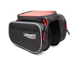 Schwarze Fahrradtasche mit rotem oberen Teil. Sie hat ein durchsichtiges Fenster und einen Reißverschluss.
